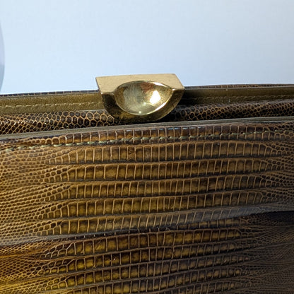 100% Genuine Lizard Skin Vintage Pallizio  Handbag Green Brown Leather Purse with Coin Purse