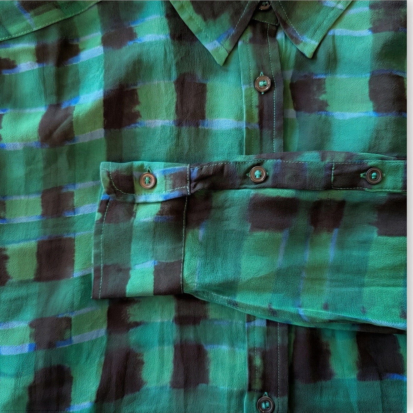 100% Silk Equipment Femme Sheer Green Blue Black Plaid Shirt | Size S