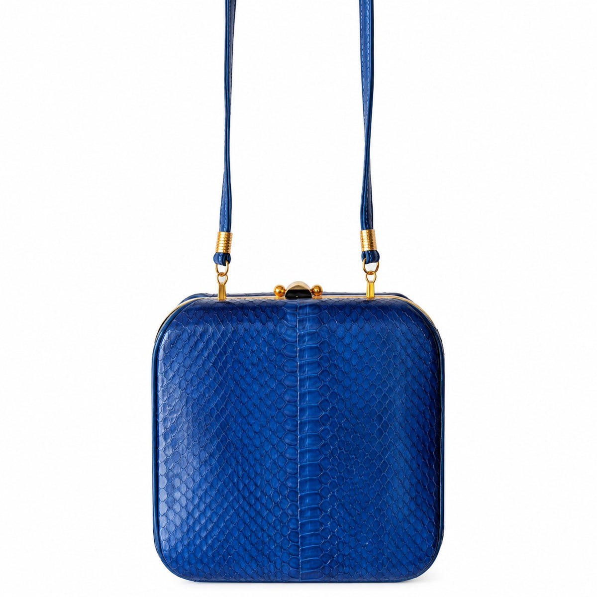 Vintage Genuine Snakeskin Frame Bag Blue Gold Crossbody Shoulder Purse