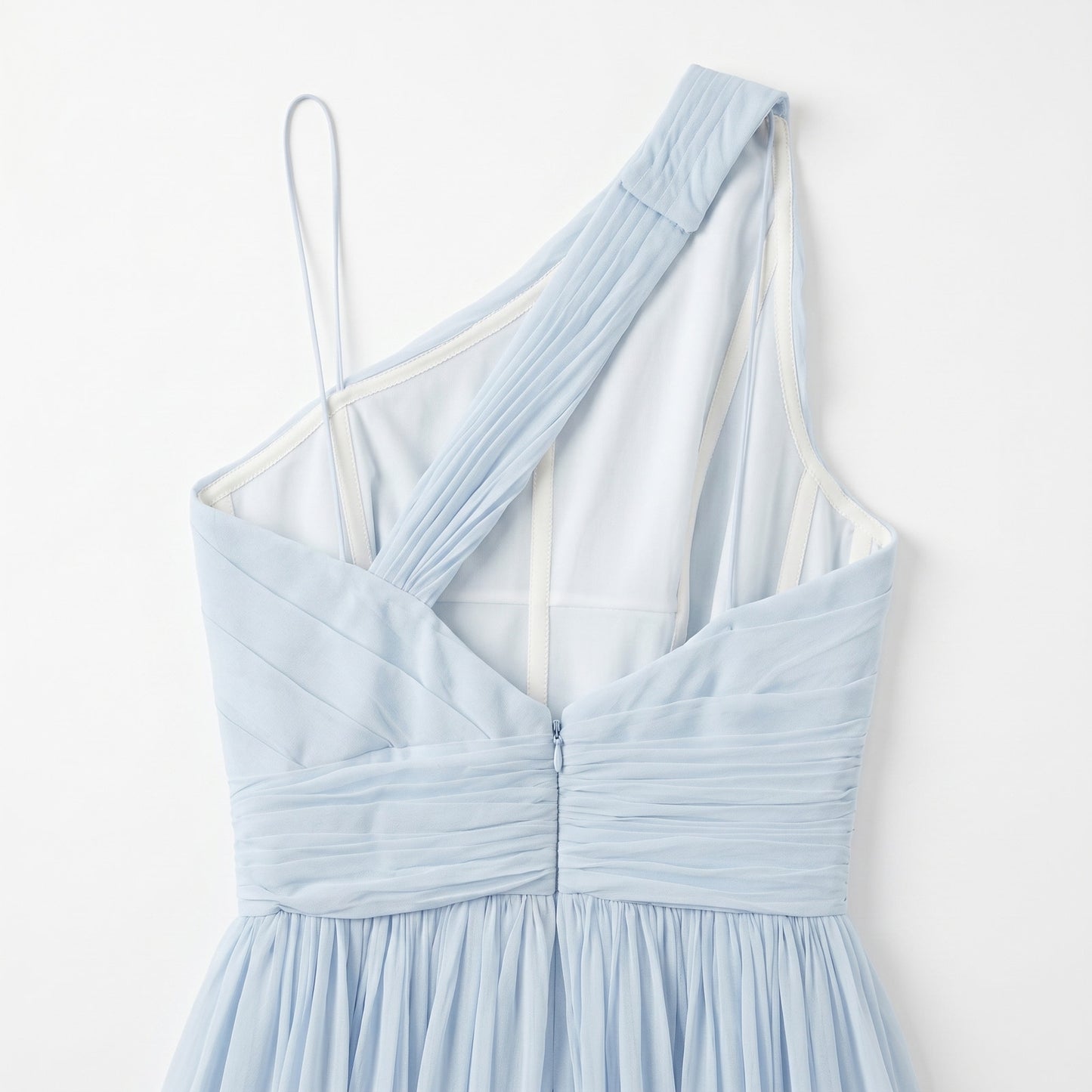 100% Silk  Pamella Roland Ice Blue One-Shoulder Pleated Chiffon Gown | Boned Bodice | Formal