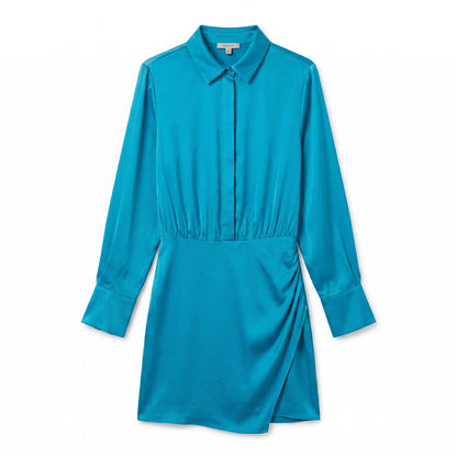 100% Silk Teal Satin Mini Shirt Dress Amanda Uprichard | Long Sleeve | S