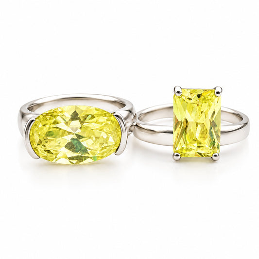 925 Stacking Sterling Silver Man Made Lemon Quartz Rings Set Size 7 & 7.5 Yellow Quartz  Silver Pair