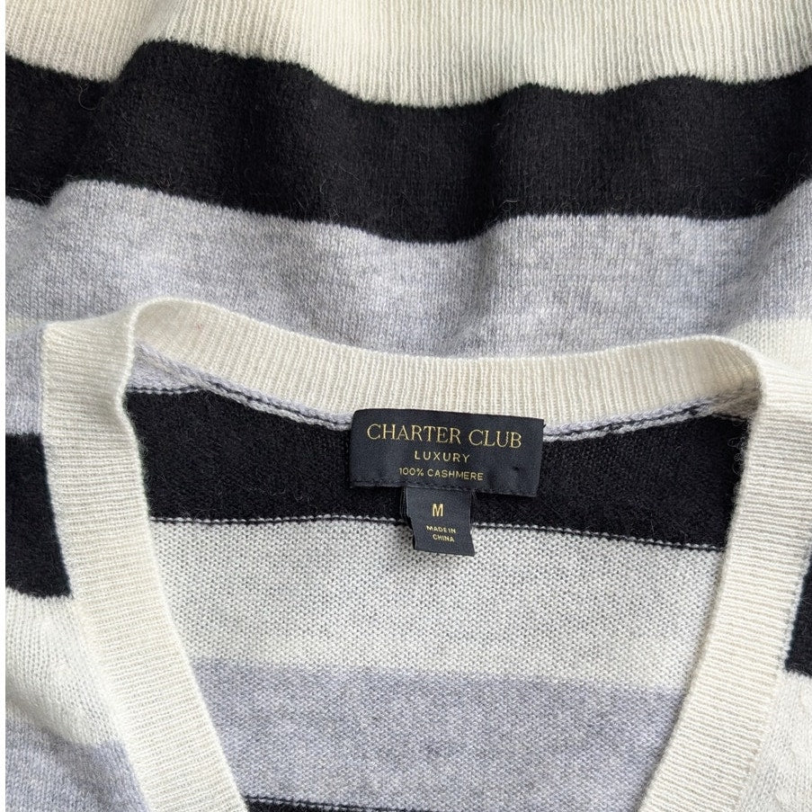 Charter Club Luxury 100% Cashmere Striped V-Neck Sweater, Black Gray Ivory, M