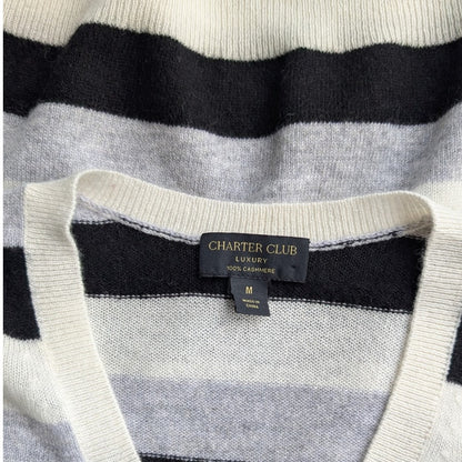 Charter Club Luxury 100% Cashmere Striped V-Neck Sweater, Black Gray Ivory, M