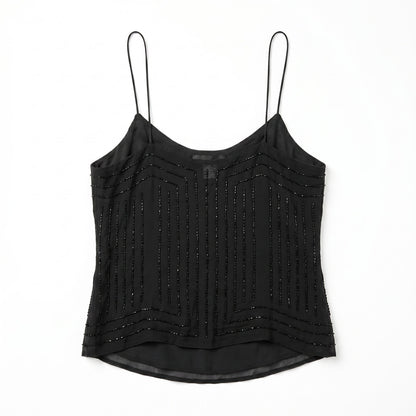 NWT 100% Silk Black Beaded Art Deco Spaghetti Strap Camisole Evening Top