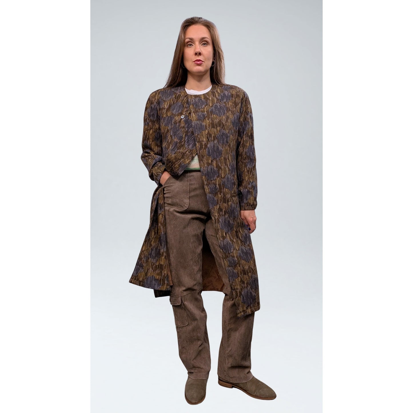 Vintage Omanti Wool Coat with Detachable Collar Olive Multi-Tone