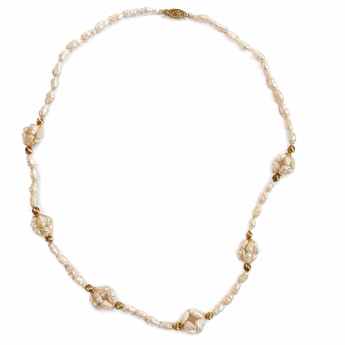 24" Baroque Pearl Necklace White Freshwater Pearls Gold Tone Accents