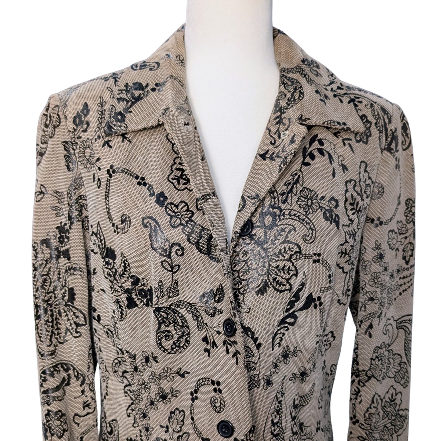 Tan Suede Leather Jacket with Black Floral Appliqué