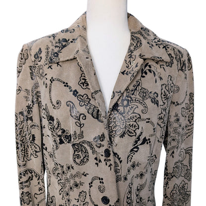 Tan Suede Leather Jacket with Black Floral Appliqué