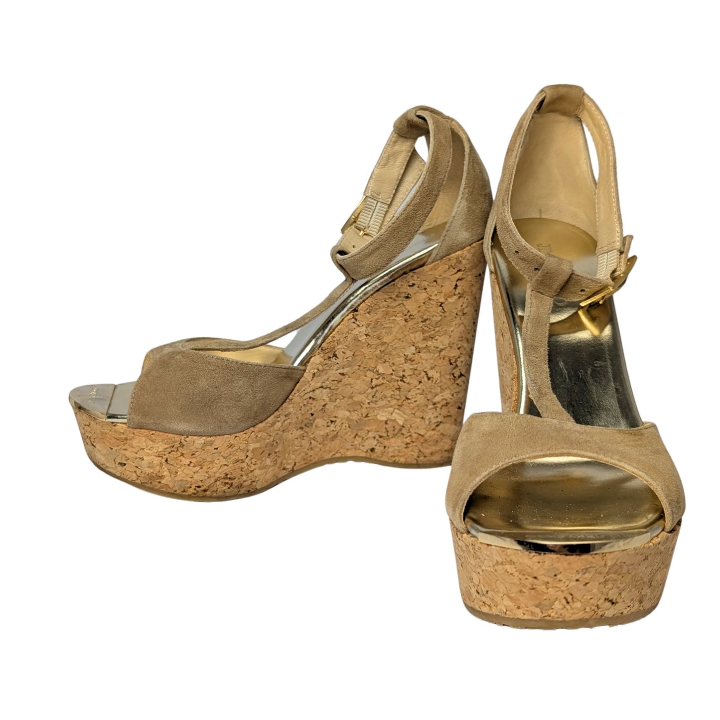 Jimmy Choo Tan Suede Cork Platform Sandals with Gold Accents