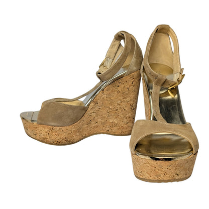Jimmy Choo Tan Suede Cork Platform Sandals with Gold Accents