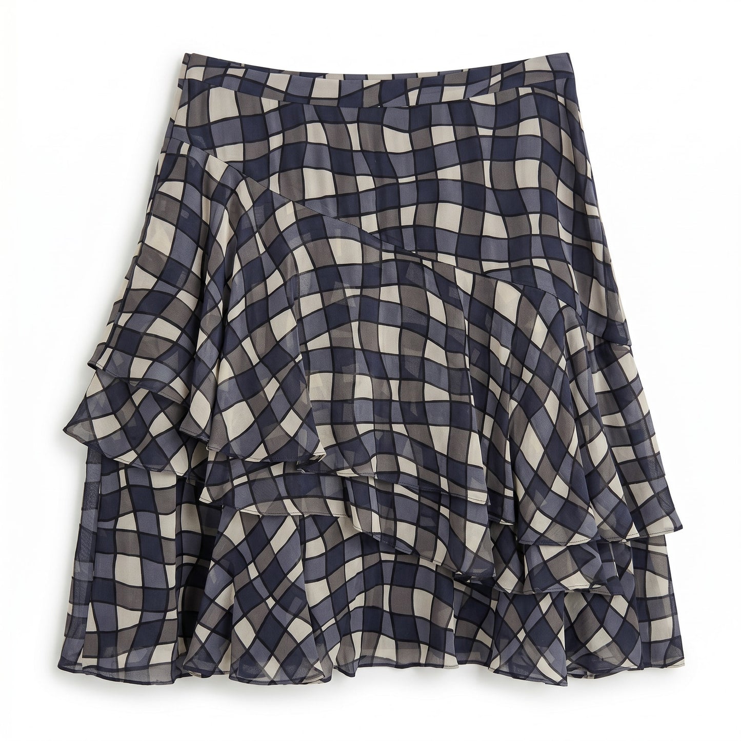 NWT Silk DKNY Navy Black Cream Plaid Ruffle Skirt Size 8