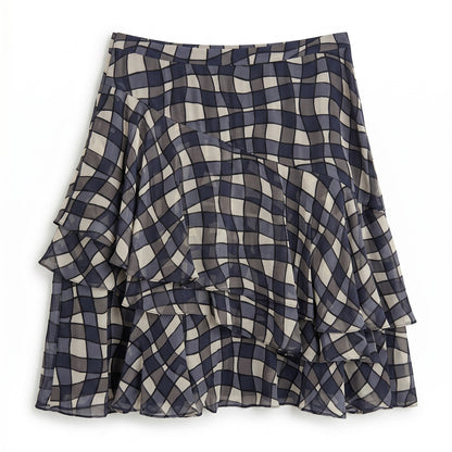 NWT Silk DKNY Navy Black Cream Plaid Ruffle Skirt Size 8