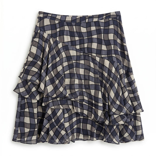 NWT Silk Navy Black Cream Plaid Ruffle Skirt DKNY | Size 8