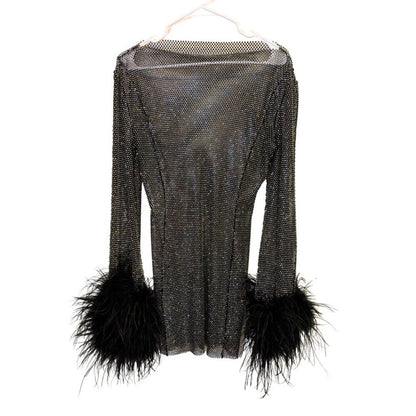 Santa Brands Black Rhinestone Ostrich Feather Mini Dress