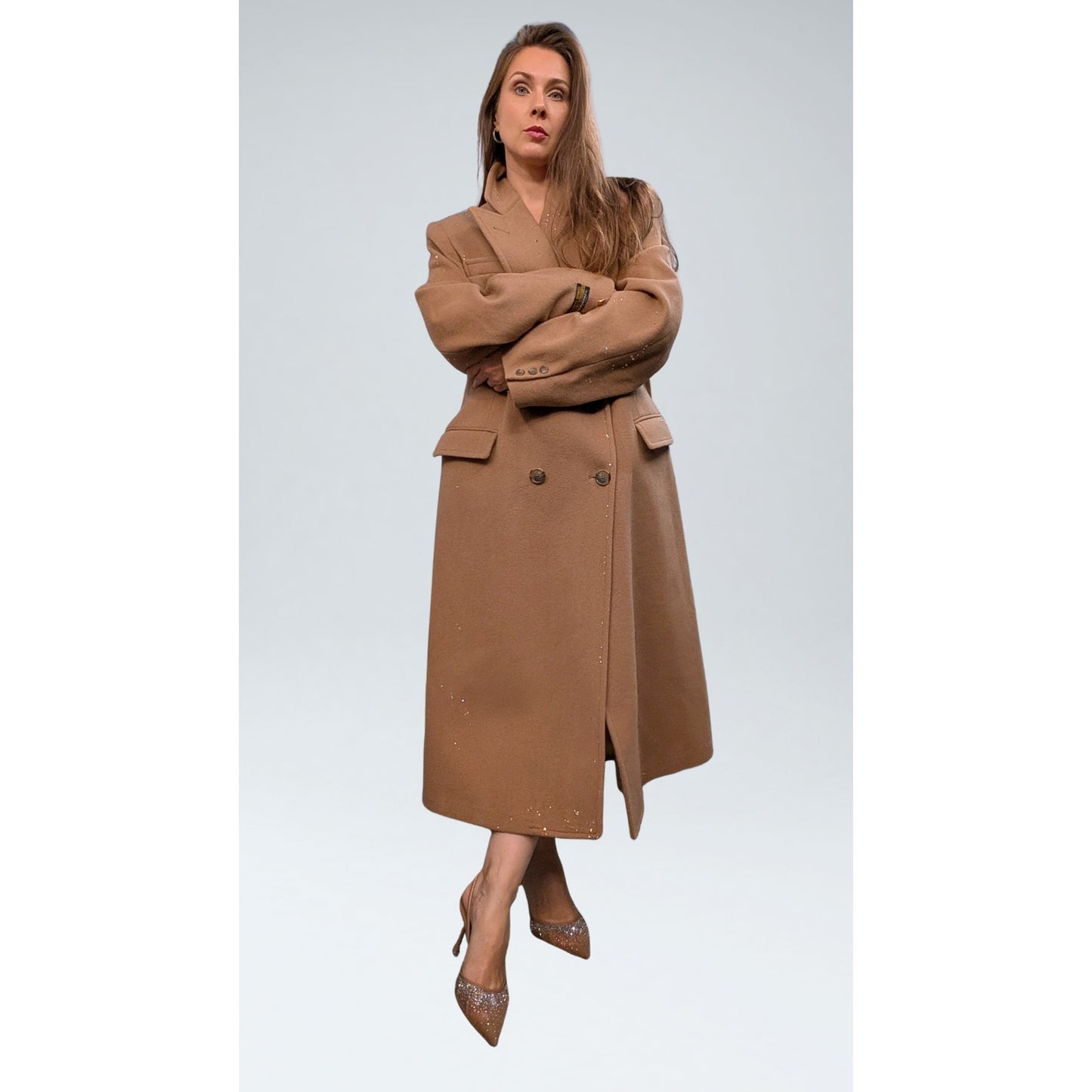 Tempo Europe by London Fog Camel Wool Coat with Austrian Crystal Embellishment
