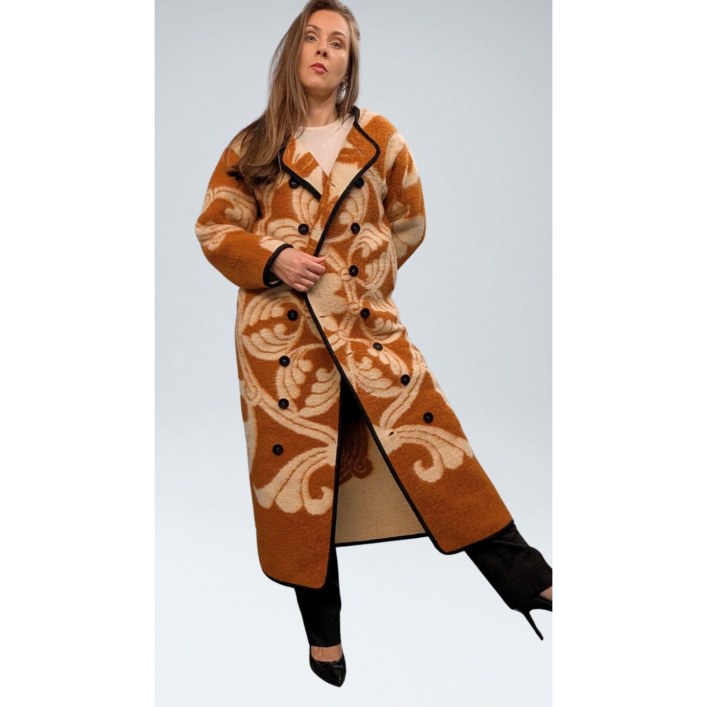 Carleen Upcycled Wool Blanket Coat Pumpkin & Cream