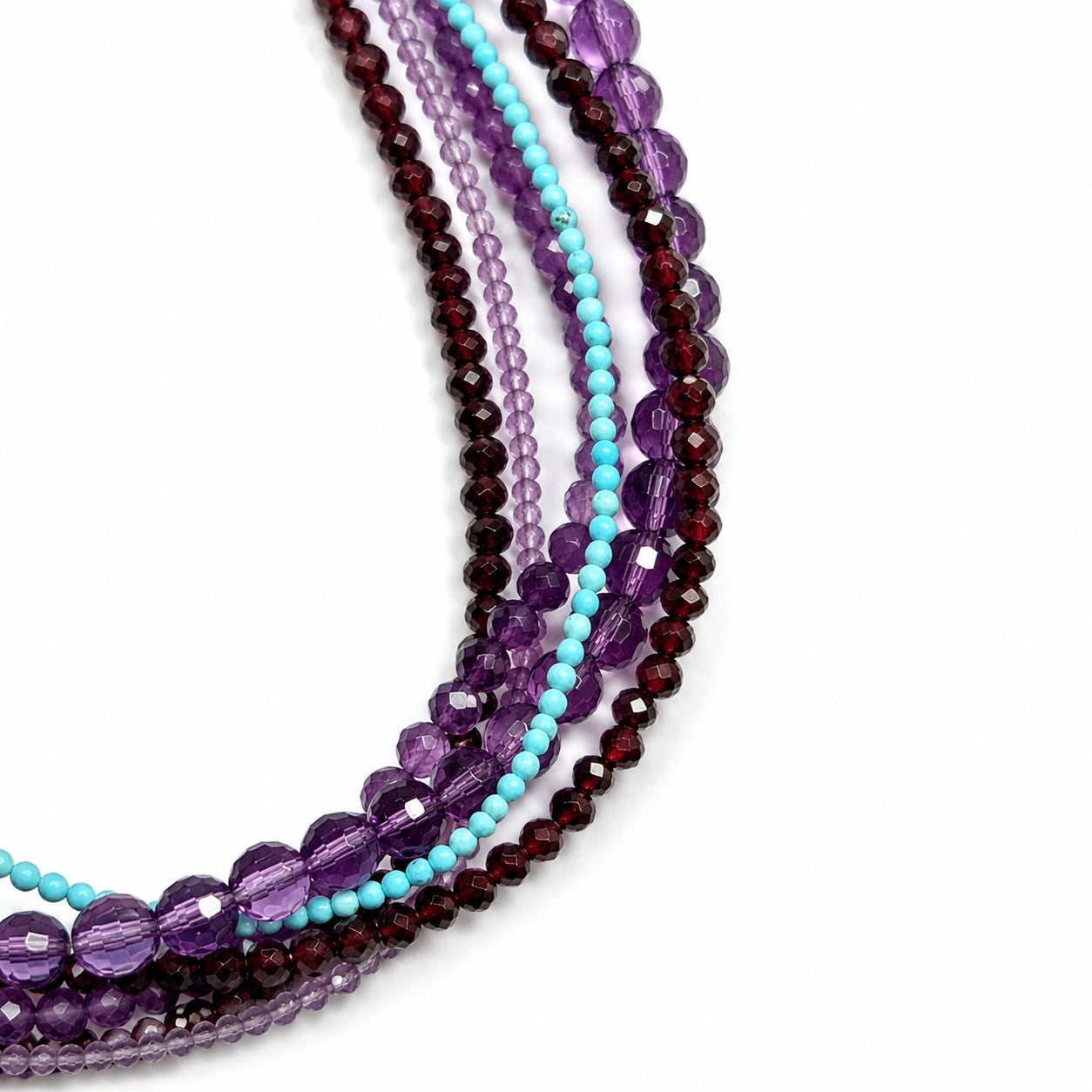 Artisan 6 Strand Garnet Amethyst Turquoise Necklace Sterling Silver Adjustable
