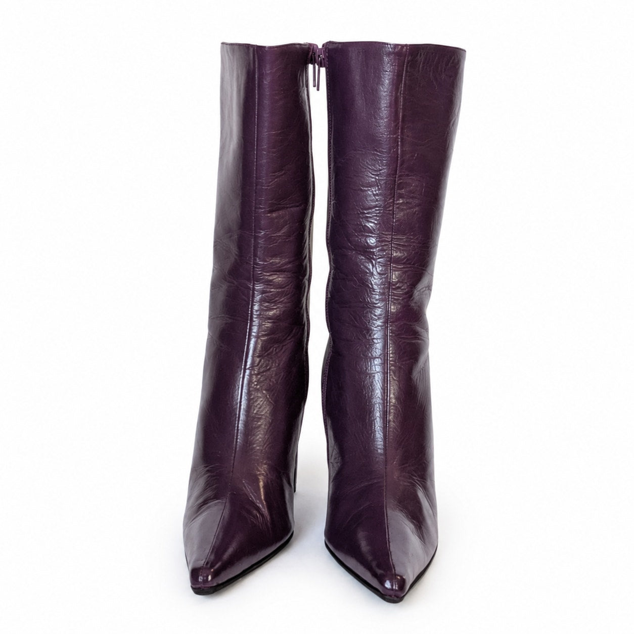100% Genuine Leather Jill Stuart Italy Plum Purple Leather Knee High Boots Size 8 Pointed Toe Stiletto