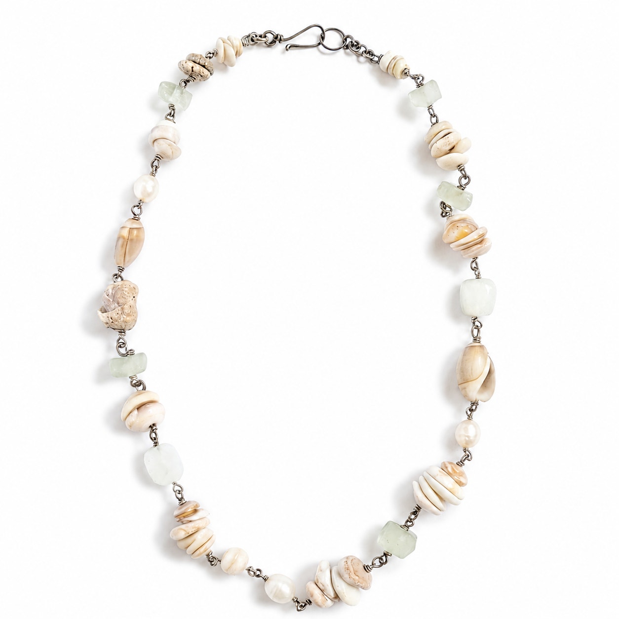 Artisan Sterling Silver Seashell Moonstone Pearl Necklace 24.5"