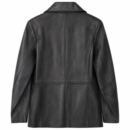 New York & Company Black Genuine Leather Blazer Jacket 3-Button Lined