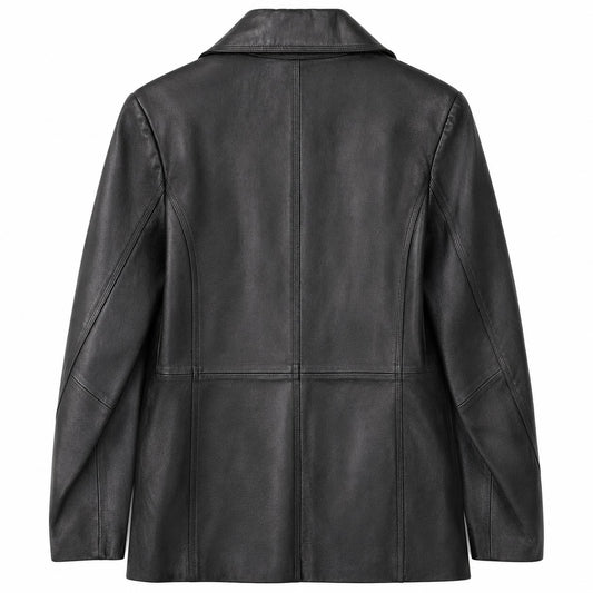 New York & Company Black Genuine Leather Blazer Jacket 3-Button Lined