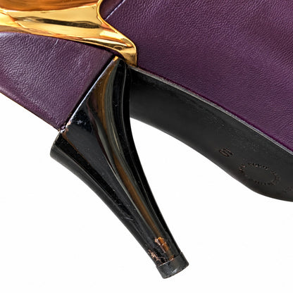 Vintage Purple Genuine Leather Slouch Ankle Boots Gold Toe Cap Wrap Tie EU 40