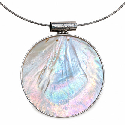 925 Silver and Mother of Pearl Statement Pendant Necklace Iridescent Shell 16.5"
