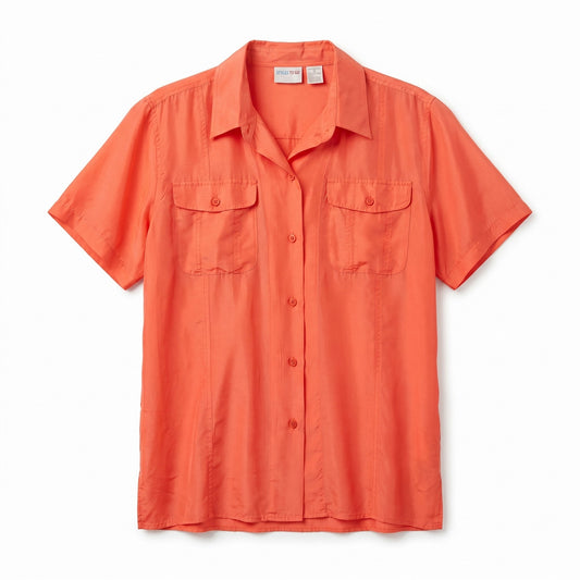 NWT 100% Silk Orange Coral Short Sleeve Blouse | Vintage | M