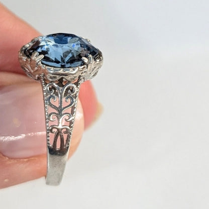 925 Sterling Silver Blue Statement Ring Size 5.5  Vintage Style Cocktail Ring