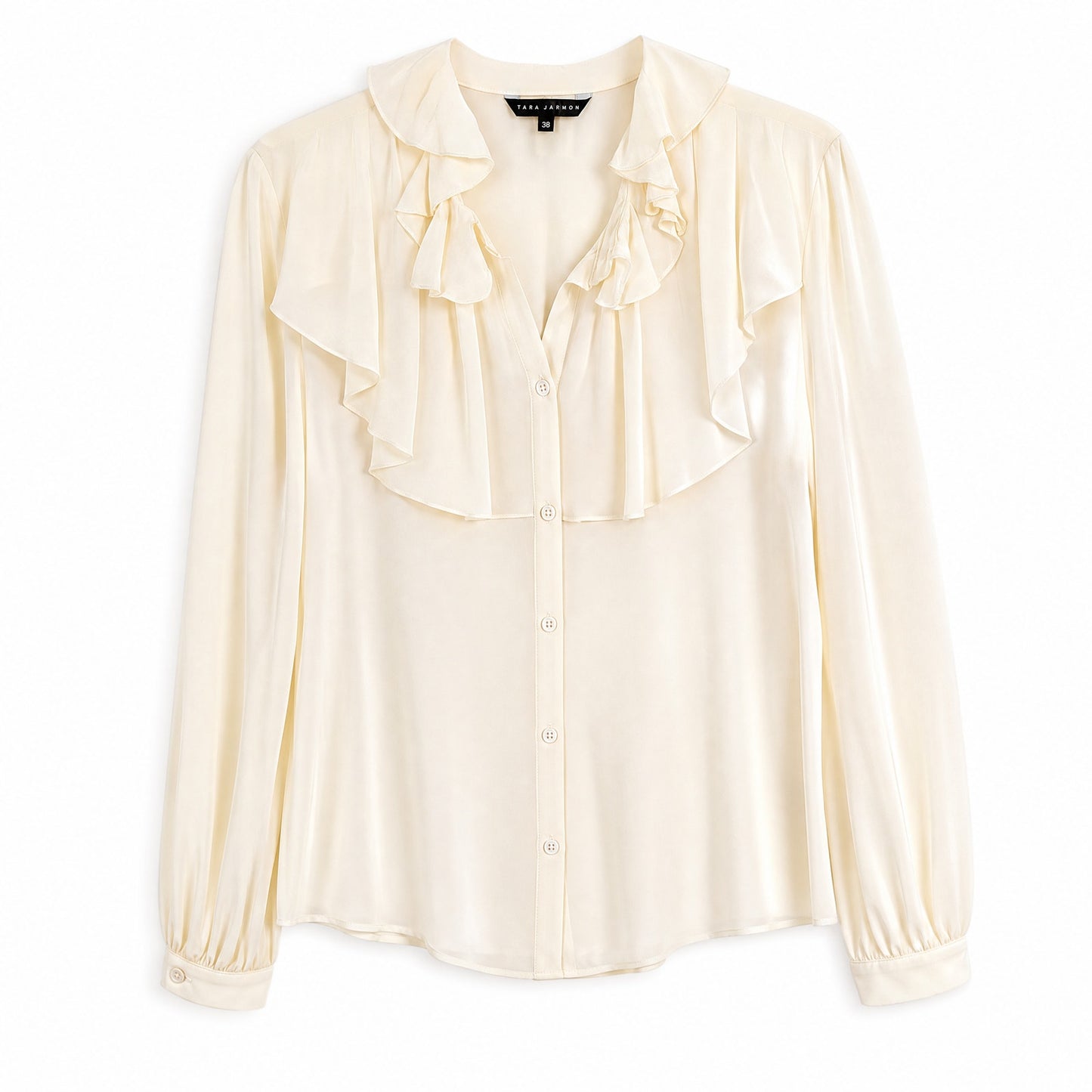 NWT 100%Silk Tara Jarmon  Cream Ecru Crepe Silk Ruffle Neck Blouse | Balloon Sleeves | US 6