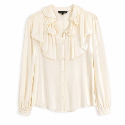 NWT 100%Silk Tara Jarmon  Cream Ecru Crepe Silk Ruffle Neck Blouse | Balloon Sleeves | US 6