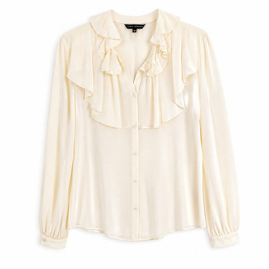 NWT 100% Silk Cream Ecru Crepe Ruffle Neck Blouse Tara Jarmon | Balloon Sleeves | US 6