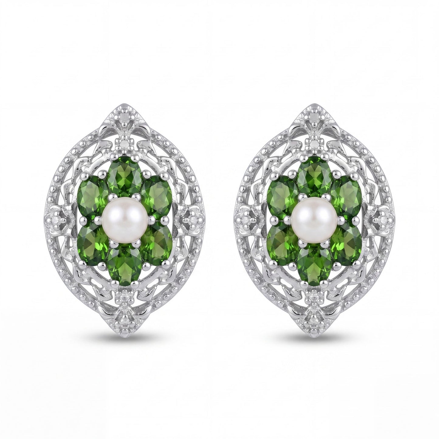 925 Sterling Silver Chrome Diopside, Pearl & Diamond Accent Earrings