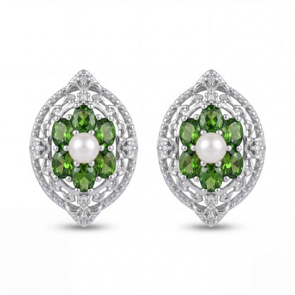 925 Sterling Silver Chrome Diopside, Pearl & Diamond Accent Earrings