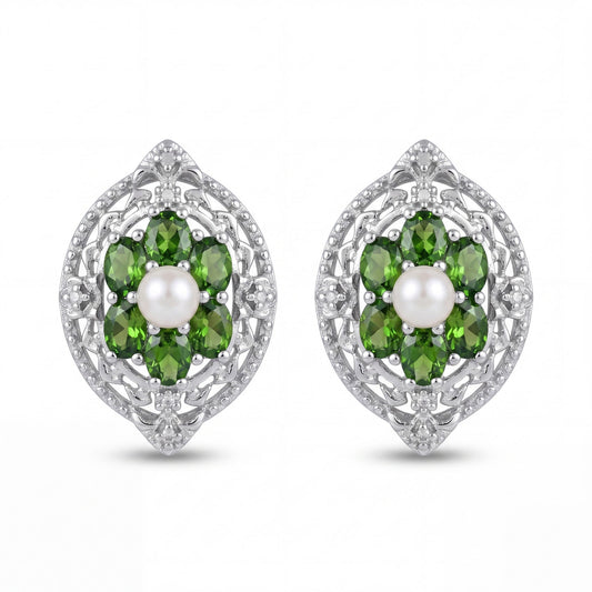 925 Sterling Silver Chrome Diopside, Pearl & Diamond Accent Earrings