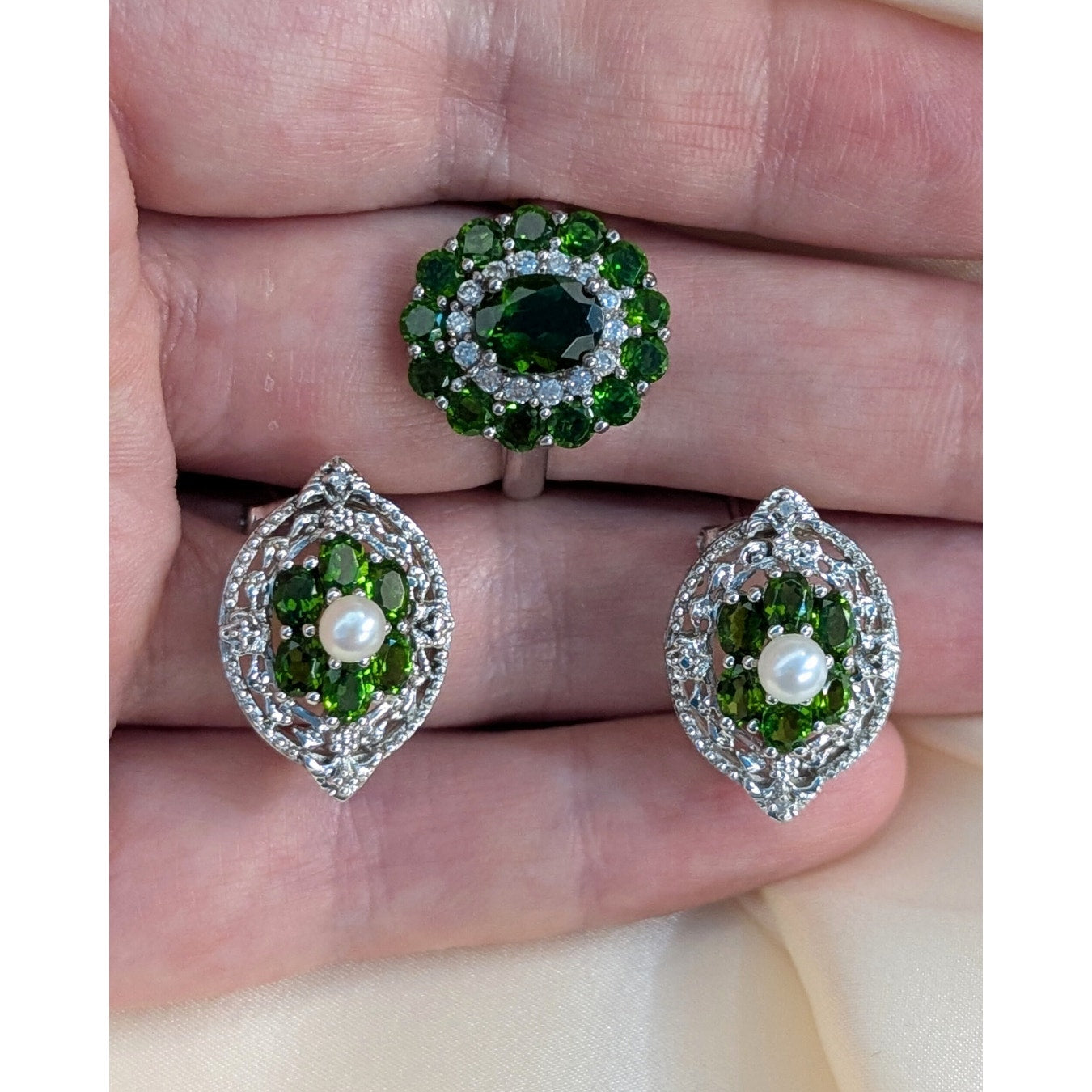 925 Sterling Silver Chrome Diopside, Pearl & Diamond Accent Earrings