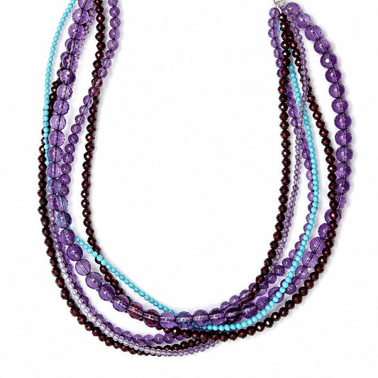 Artisan 6 Strand Garnet Amethyst Turquoise Necklace Sterling Silver Adjustable