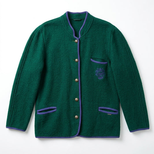 100% Virgin Boiled Green Wool Jacket Blue Trim Austrian Style