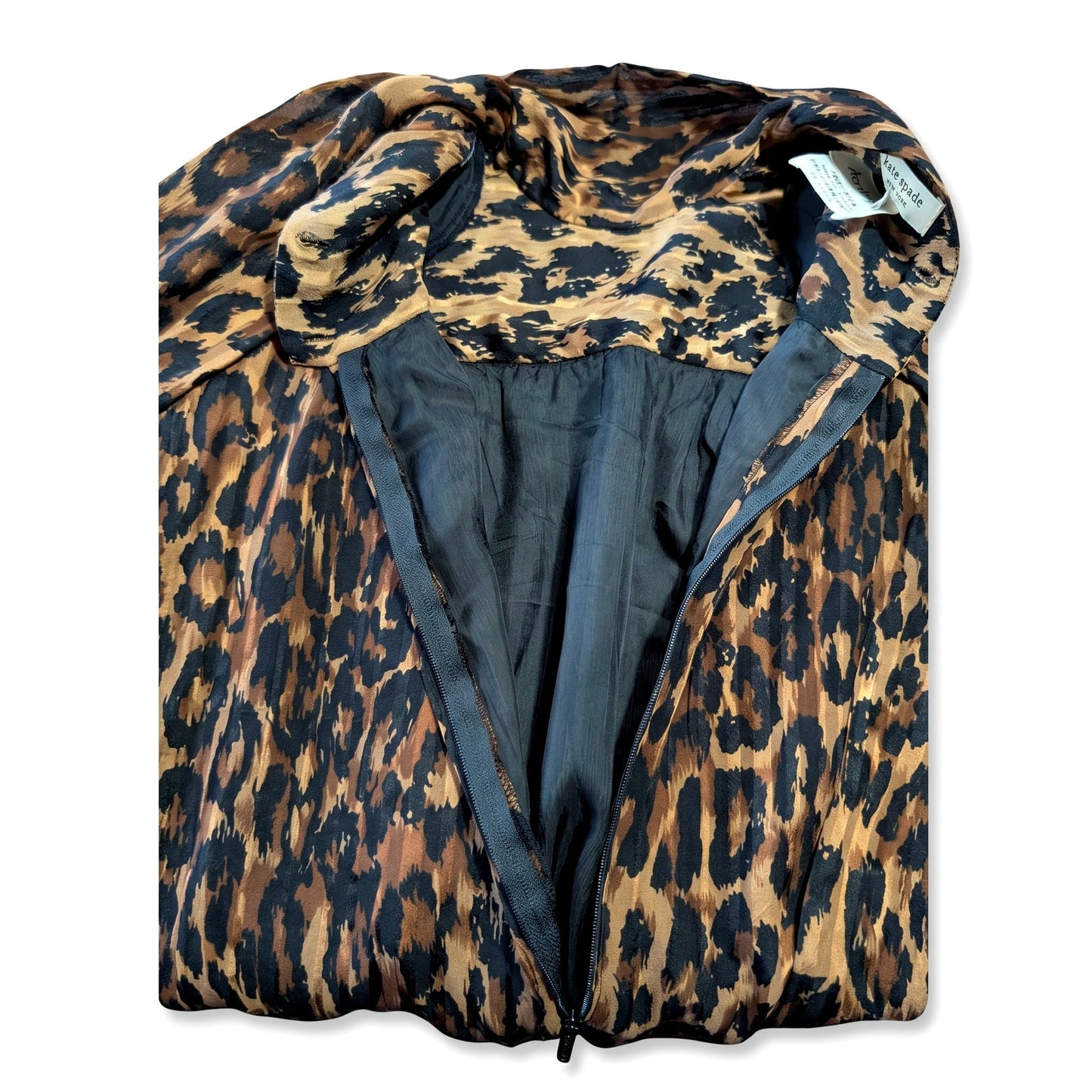 100% Silk Stanley Sherman Leopard Print Midi Dress | Bow Tie Neck