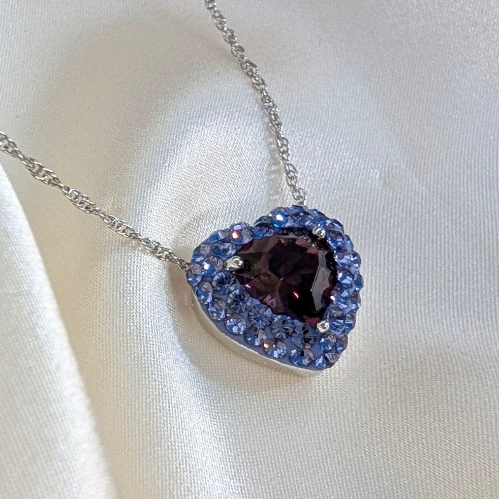 925 Sterling Silver Heart Crystal Necklace Purple & Lavender Halo 18"