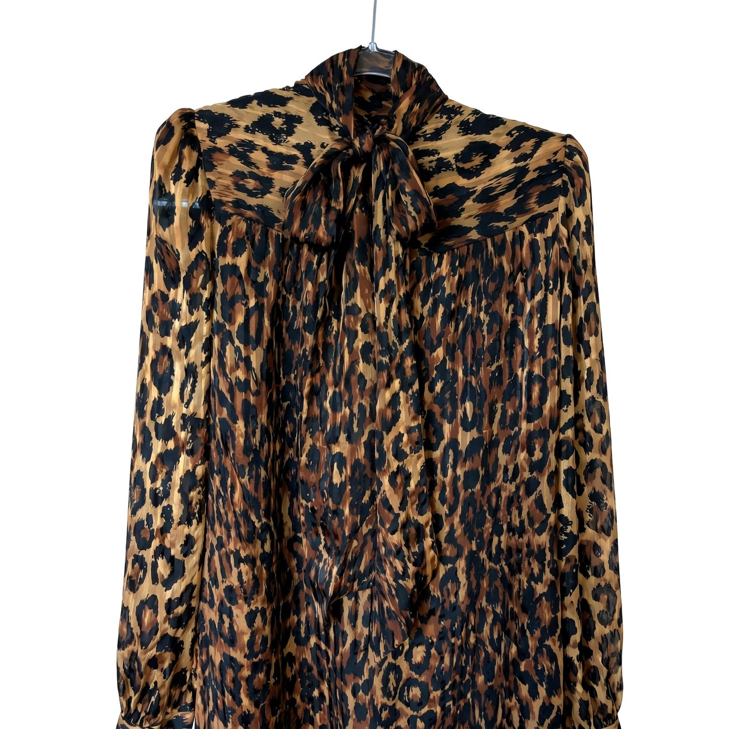 100% Silk Stanley Sherman Leopard Print Midi Dress | Bow Tie Neck