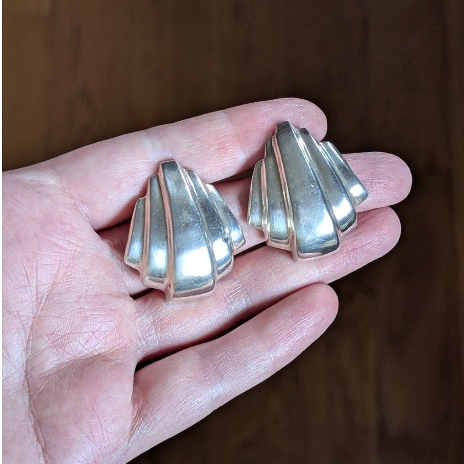 Vintage 925 Sterling Silver Fan Post Earrings Lightweight Sculptural Statement Earrings