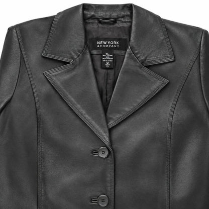 New York & Company Black Genuine Leather Blazer Jacket 3-Button Lined