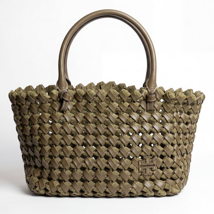 Tory Burch McGraw Woven Leather Tote Bag Olive Green Genuine Leather Handwoven Shopper