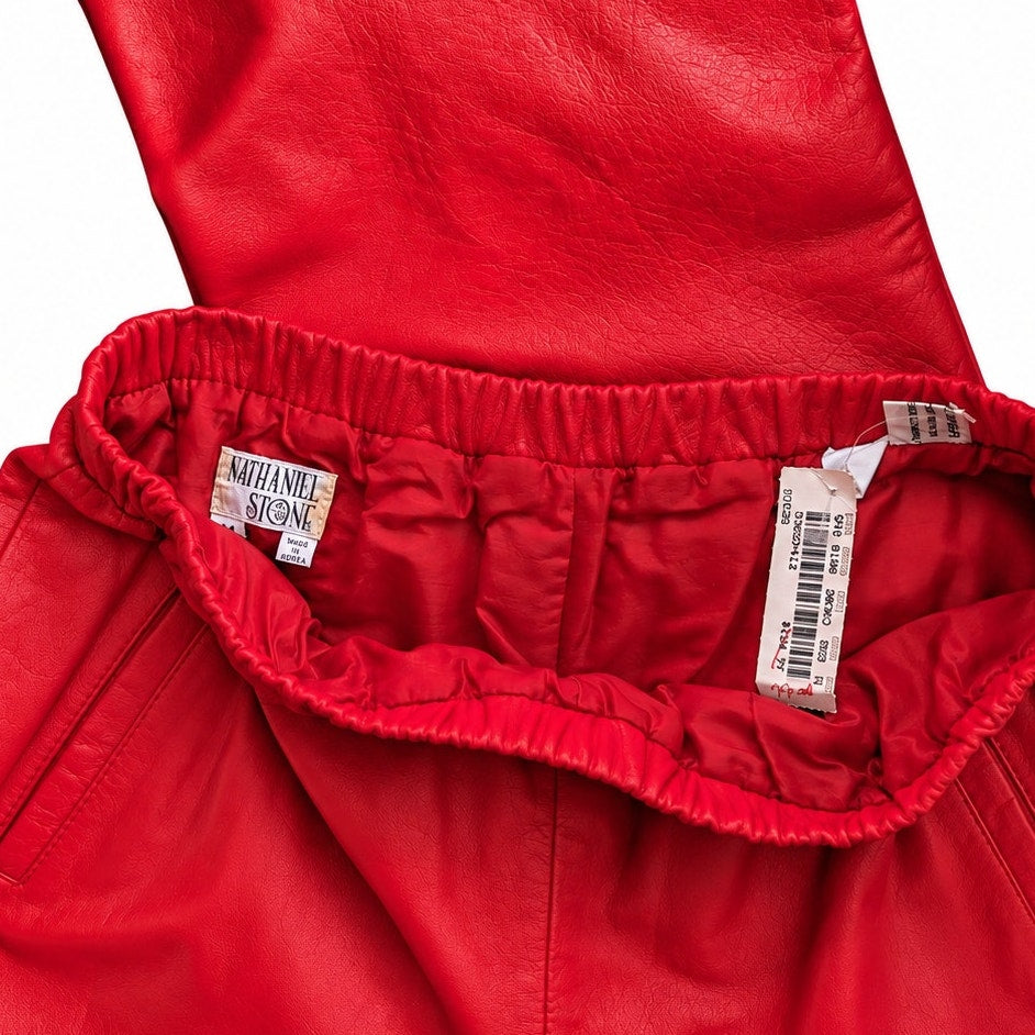 Vintage Red Leather Pants Pull On Elastic Waist Lined Size M