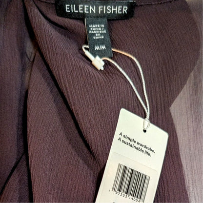 NWT Eileen Fisher 100% Silk Sheer Crinkle Chiffon Long Duster Jacket, Plum, Size M
