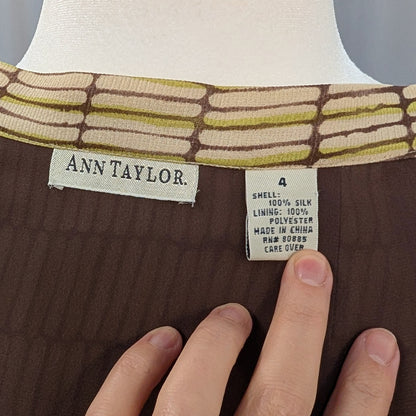 100% Silk Ann Taylor Chartreuse Brown Abstract Print Pencil Skirt | Size 4