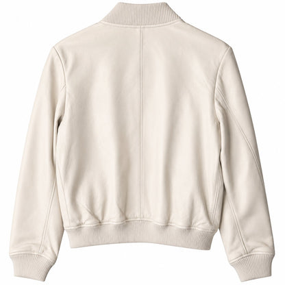 Nordstrom Ivory Genuine Leather Bomber Jacket Zip Front Ribbed Knit Trim