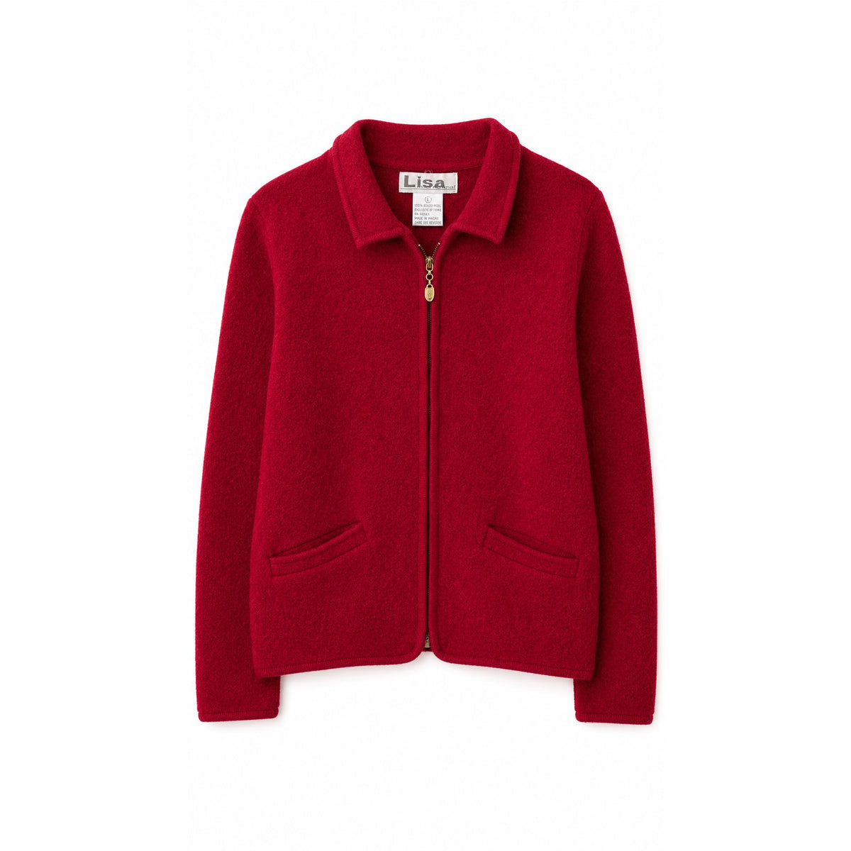 Vintage Lisa International Red 100% Boiled Wool Zip Cardigan Jacket, Size L